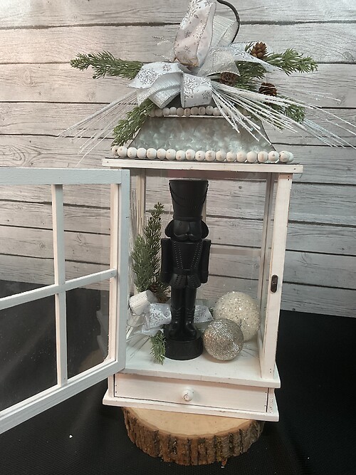 Large White Beaded Lantern with Nutcracker